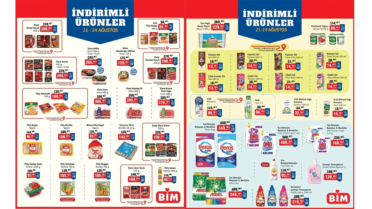BİM mağazasında indirimli ürünlerle dolu raflar.