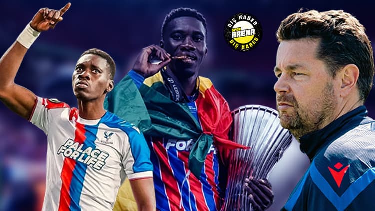 Ismaila Sarr, Crystal Palace formasıyla sahada koşarken, arka planda Galatasaray ve Crystal Palace logoları.