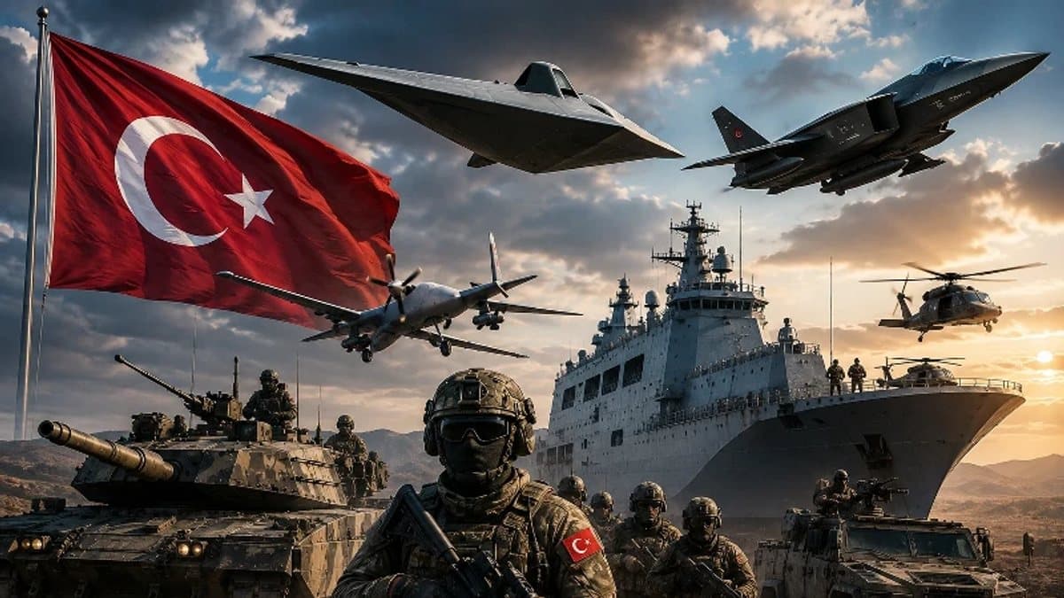 Askeri uçak, deniz unsuru ve kara araçlarını içeren genel savunma kapasitesi temsili görseli.