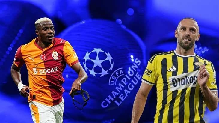 Şampiyonlar Ligi kura topları önünde sarı-lacivert ve sarı-kırmızı forma renklerini çağrıştıran futbol temalı görsel.