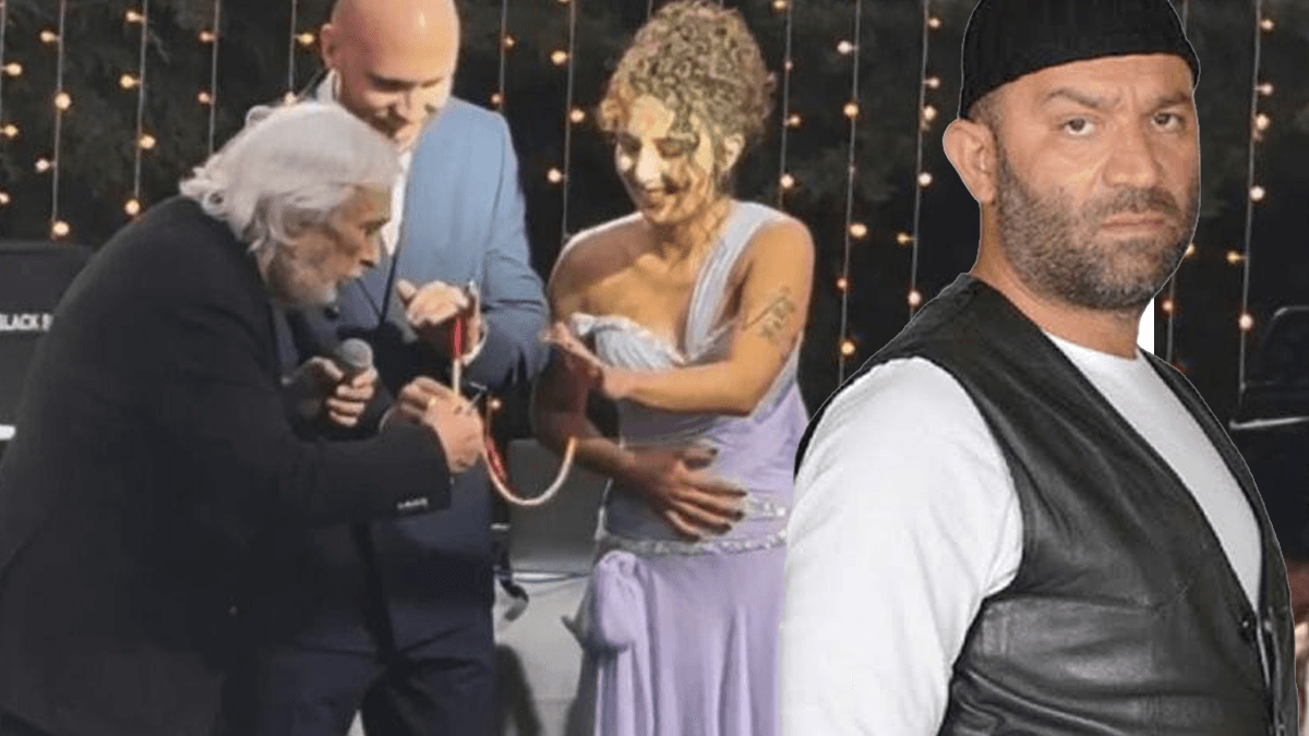 Şevket Çoruh ve kızı Gülenay Çoruh’un nişan töreninde hediye edilen motosikletin yanında bulunduğu görüntü.