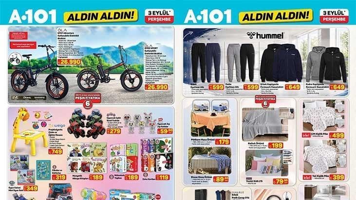 A101 mağazasında elektronik ürünler, küçük ev aletleri ve elektrikli bisikletlerin bulunduğu teşhir alanı.