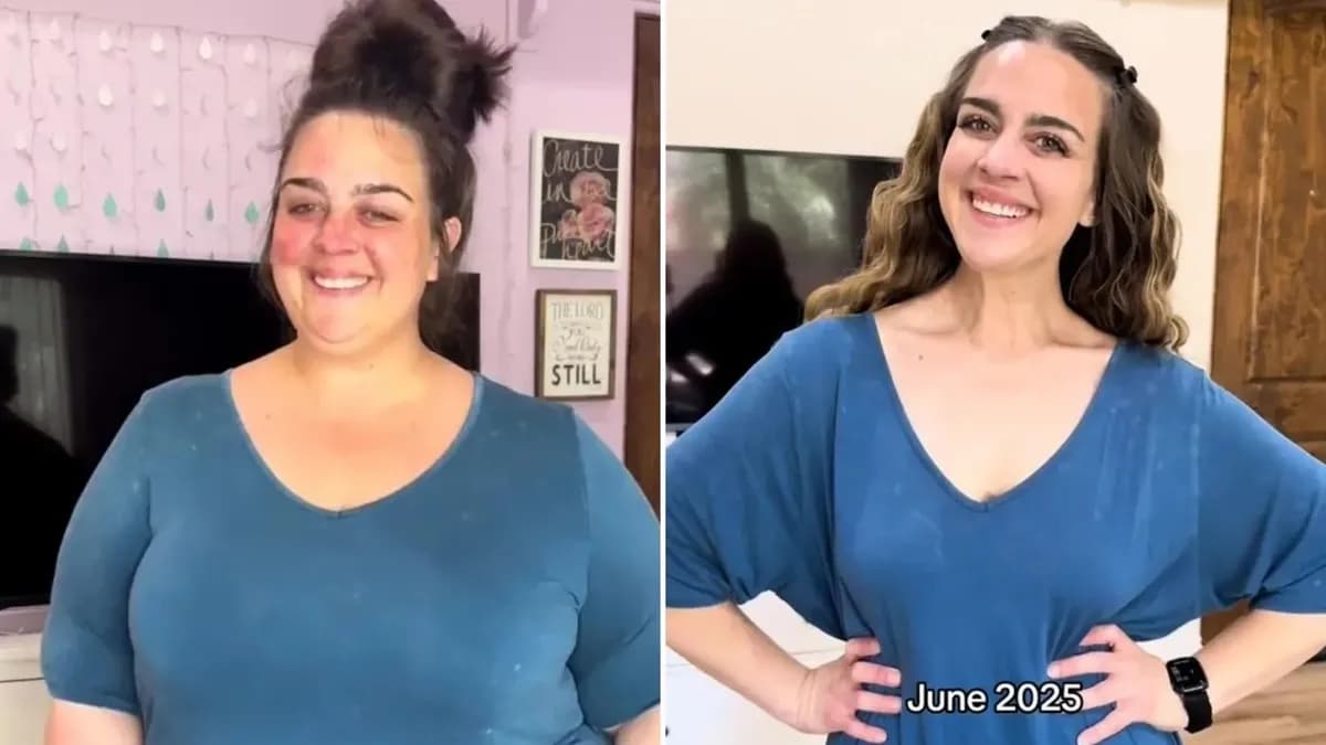Leah Hope’un kilo verme öncesi ve sonrası görüntüsünü aynı mavi tişörtle gösterdiği video karesi