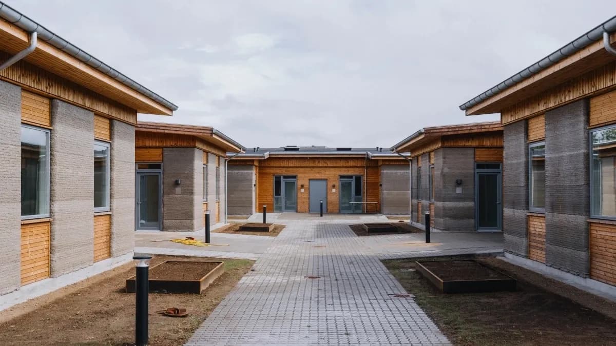 Danimarka'nın Holstebro kentinde 3D yazıcıyla üretilen, ortak avlu ve yeşil alanlara sahip tek katlı öğrenci konutları.