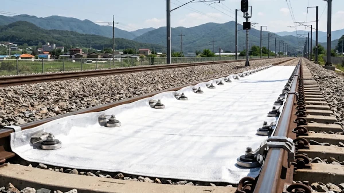 Tren raylarının üzerine serilmiş ve mıknatıs ile sabitlenmiş yansıtıcı özel kumaş