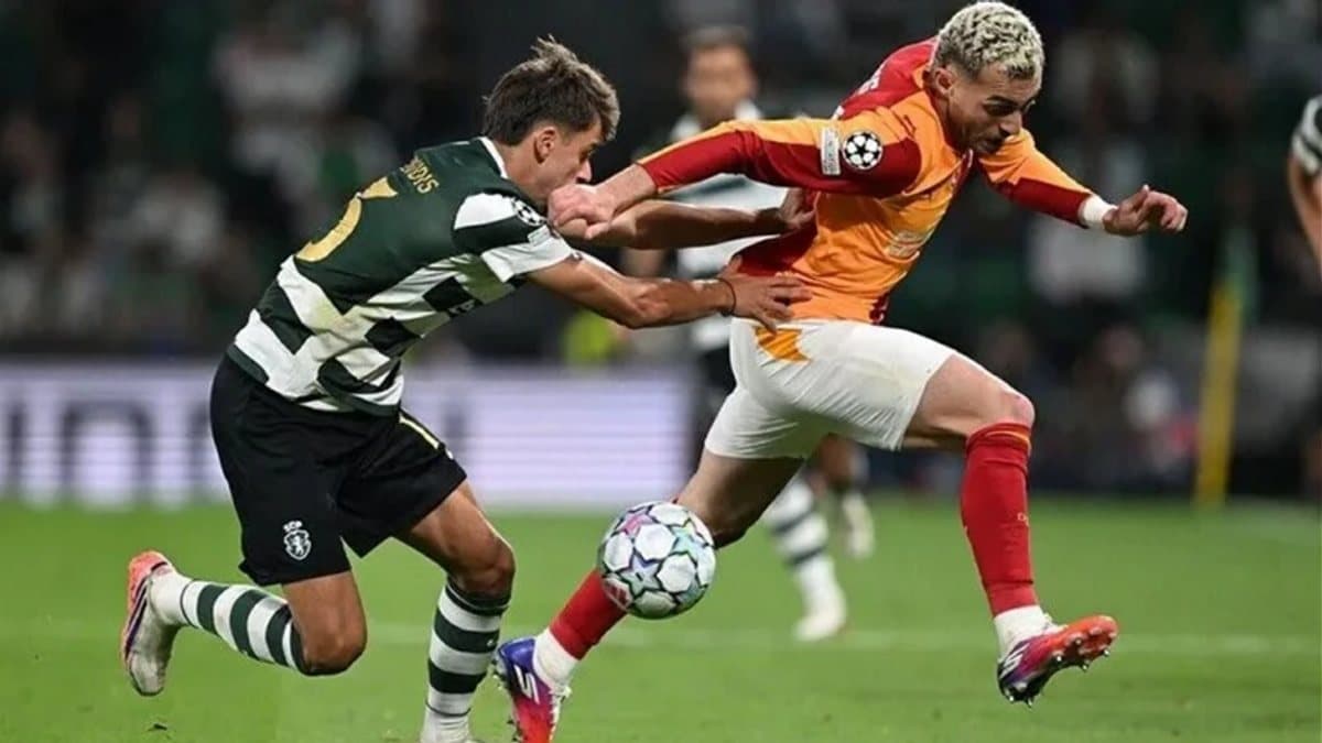 Galatasaraylı futbolcuların UEFA Şampiyonlar Ligi'nde Sporting Lizbon'a konuk olduğu karşılaşmadaki mücadelesinden bir kare.